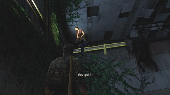 Tess helps Ellie and Joel climb onto a platform.